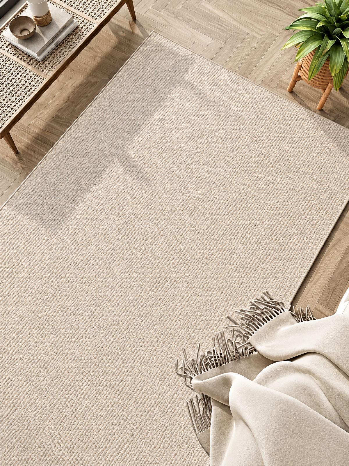 Zen Lines Neutral Loop Pile Bedside Rug, Japanese-Inspired Textured Accent Rug for Bedroom or Reading Nook