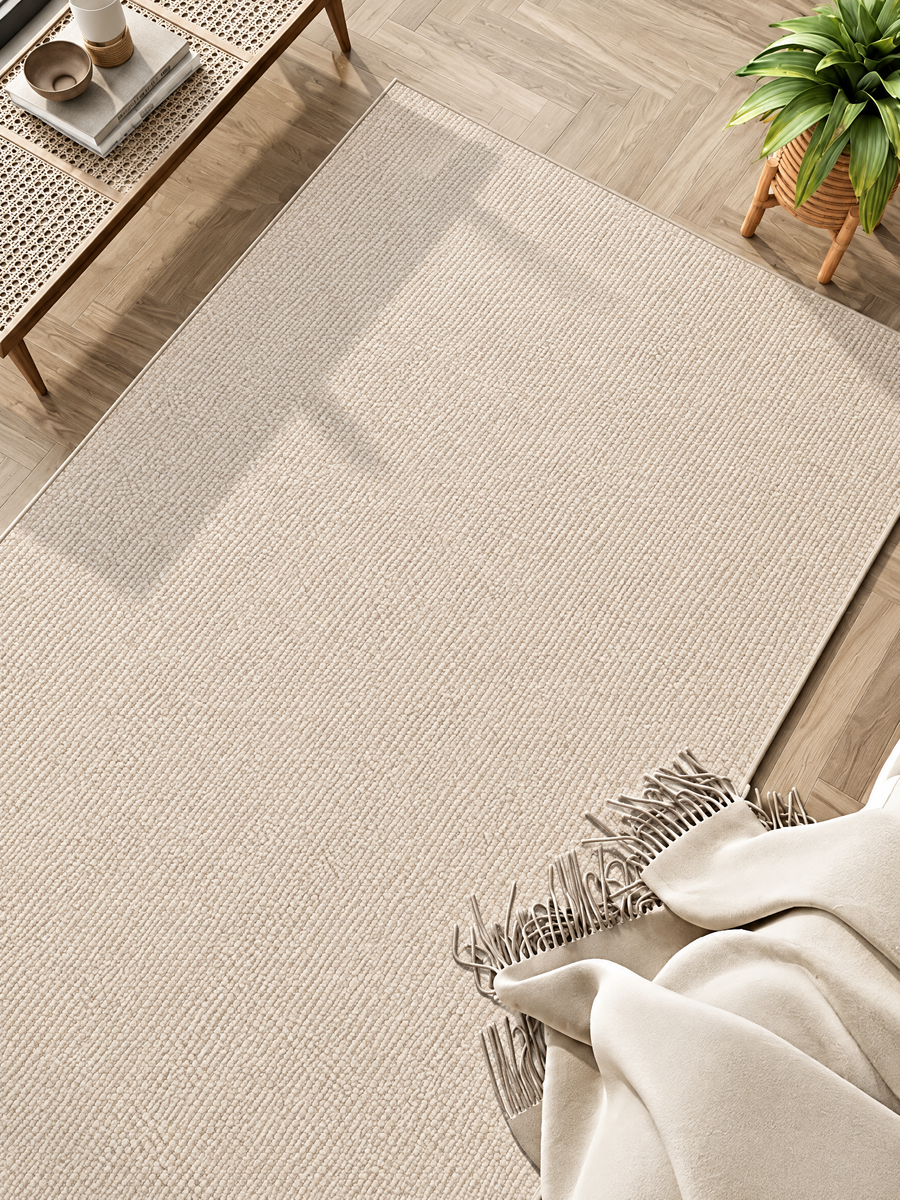 Zen Lines Neutral Loop Pile Bedside Rug, Japanese-Inspired Textured Accent Rug for Bedroom or Reading Nook