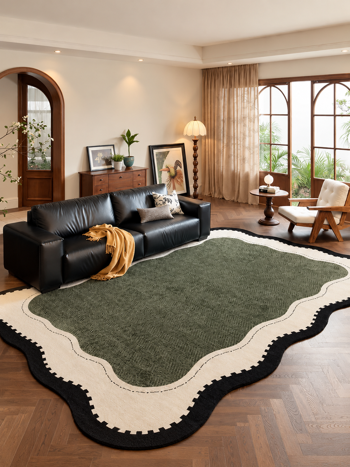 Moss Scallop Green Loop Pile Area Rug, French-Inspired Wavy Border Accent Rug for Living Room or Bedroom