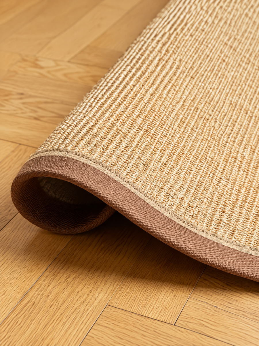 Nordic Circle Round Sisal Accent Rug, Natural Woven Coffee Table Rug with Brown Border for Living Room or Reading Nook