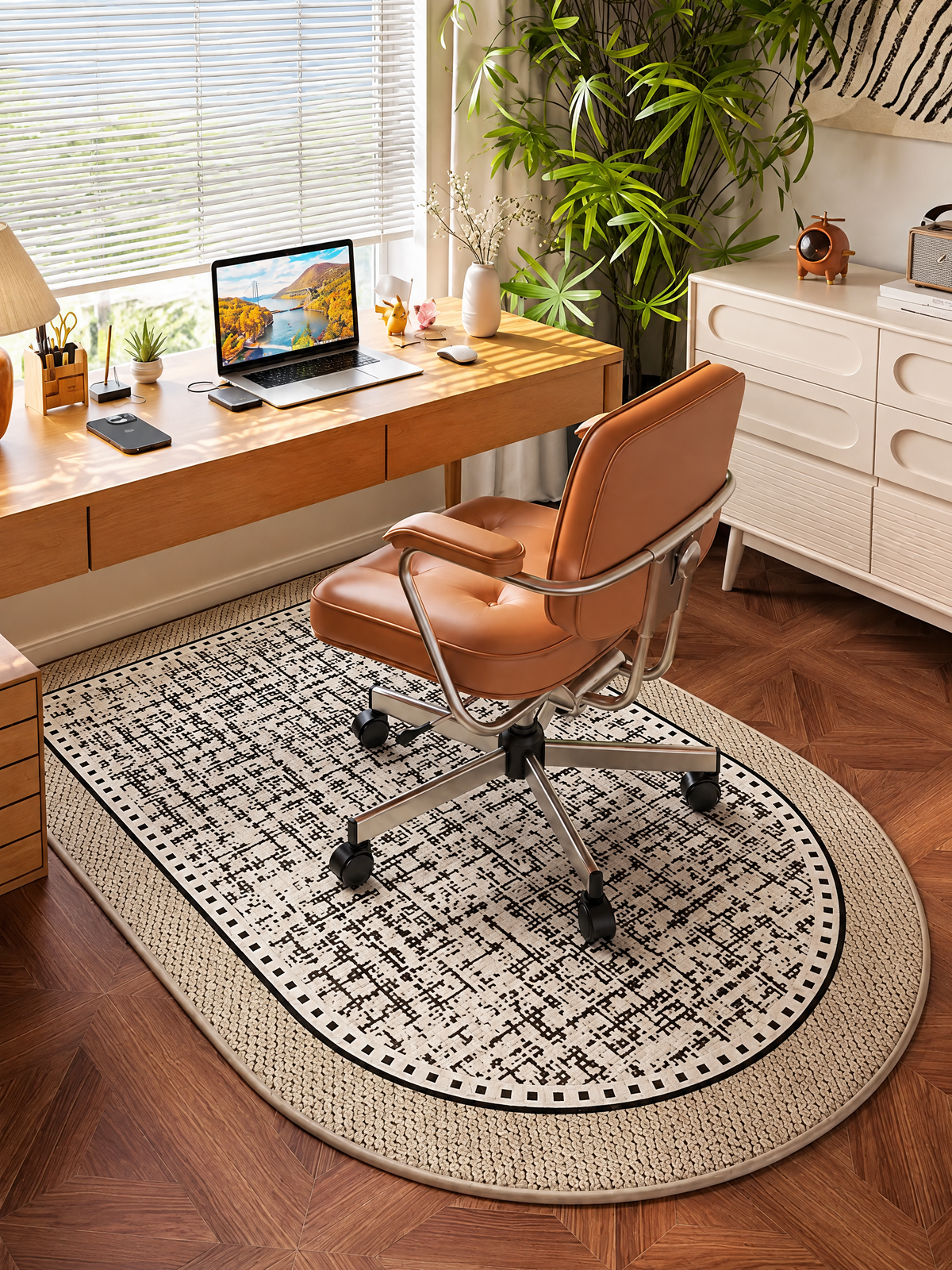 Studio Arch Geometric Loop Pile Office Rug, Beige and Black Rounded-End Accent Rug for Desk or Reading Nook