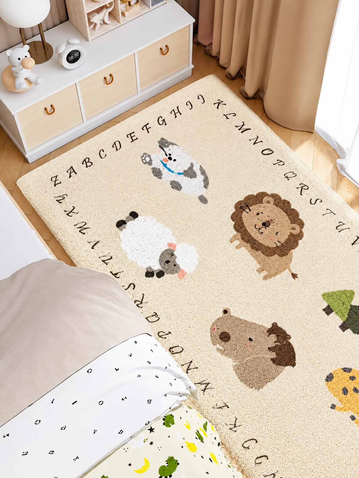 Animal Parade Rectangular Wool Kids Rug, Colorful Animal and Alphabet Area Rug for Bedroom or Playroom