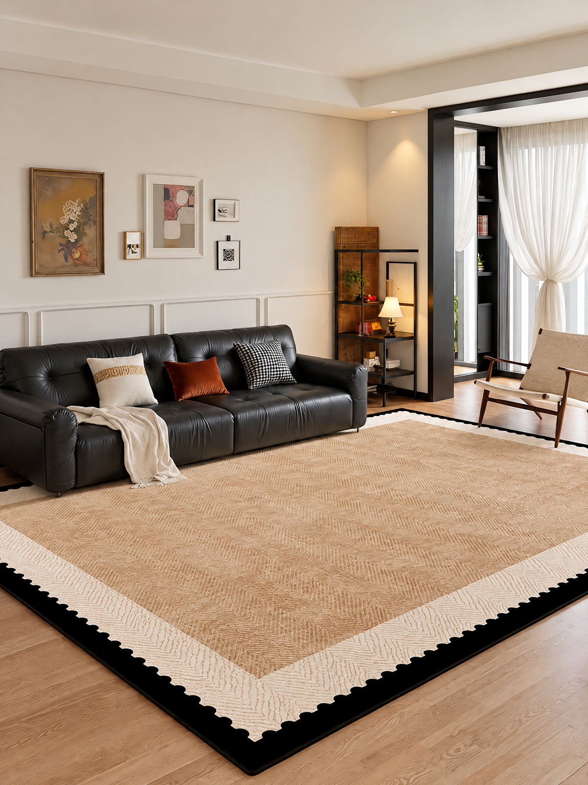 Ivory Frame Textured Loop Pile Area Rug, Beige Herringbone with Cream and Black Border for Living Room or Bedroom