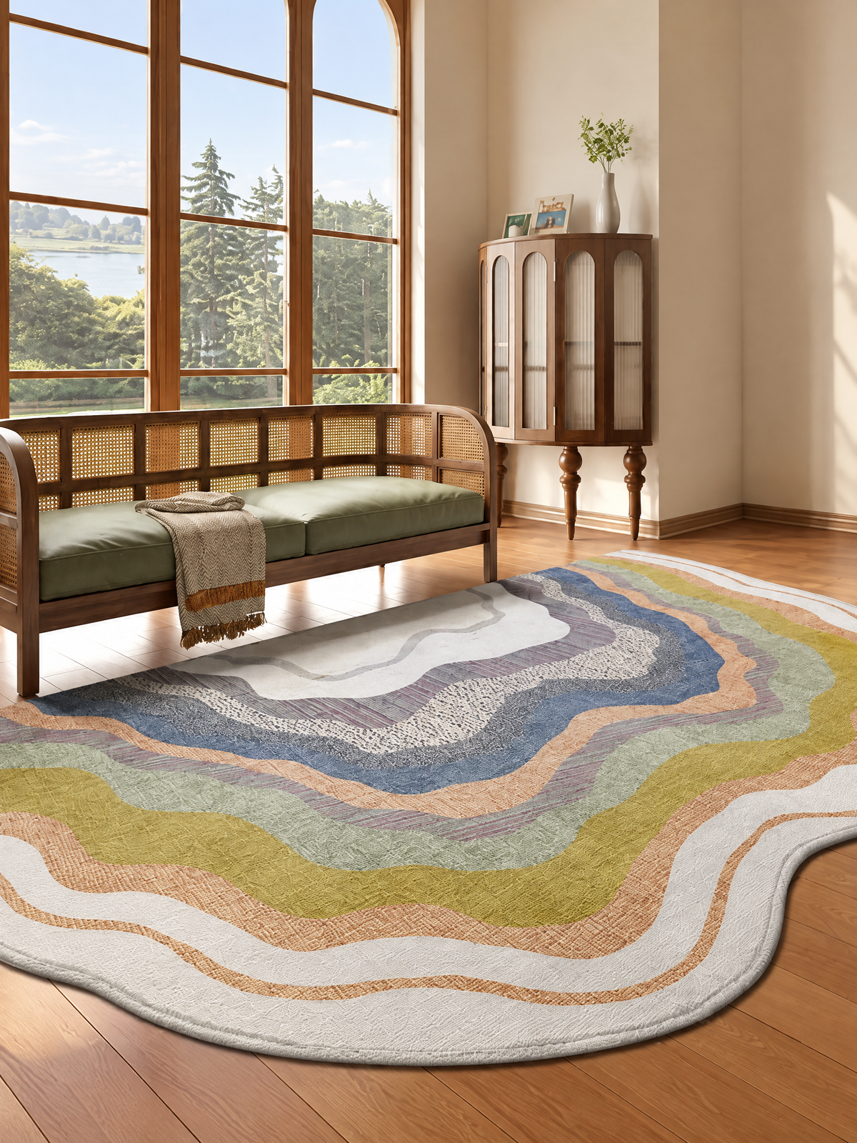 Tidal Color Abstract Wool Area Rug, Multicolor Wavy Freeform Accent Rug for Living Room or Bedroom
