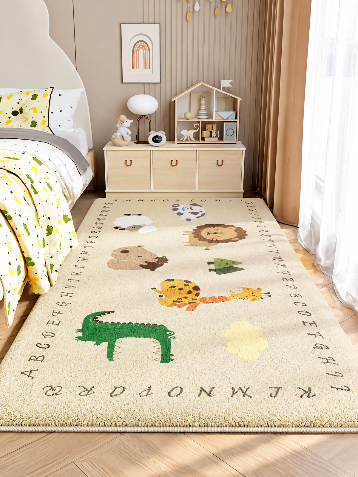 Animal Parade Rectangular Wool Kids Rug, Colorful Animal and Alphabet Area Rug for Bedroom or Playroom