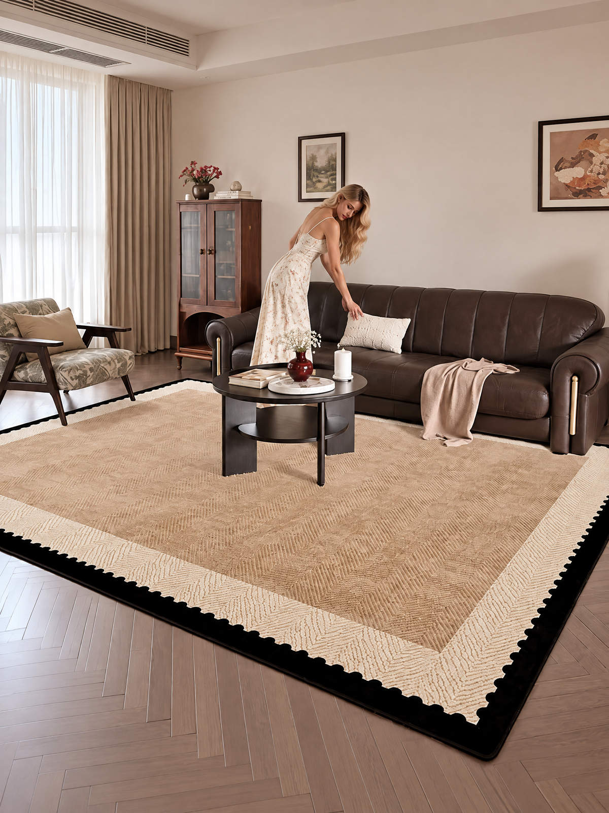 Ivory Frame Textured Loop Pile Area Rug, Beige Herringbone with Cream and Black Border for Living Room or Bedroom