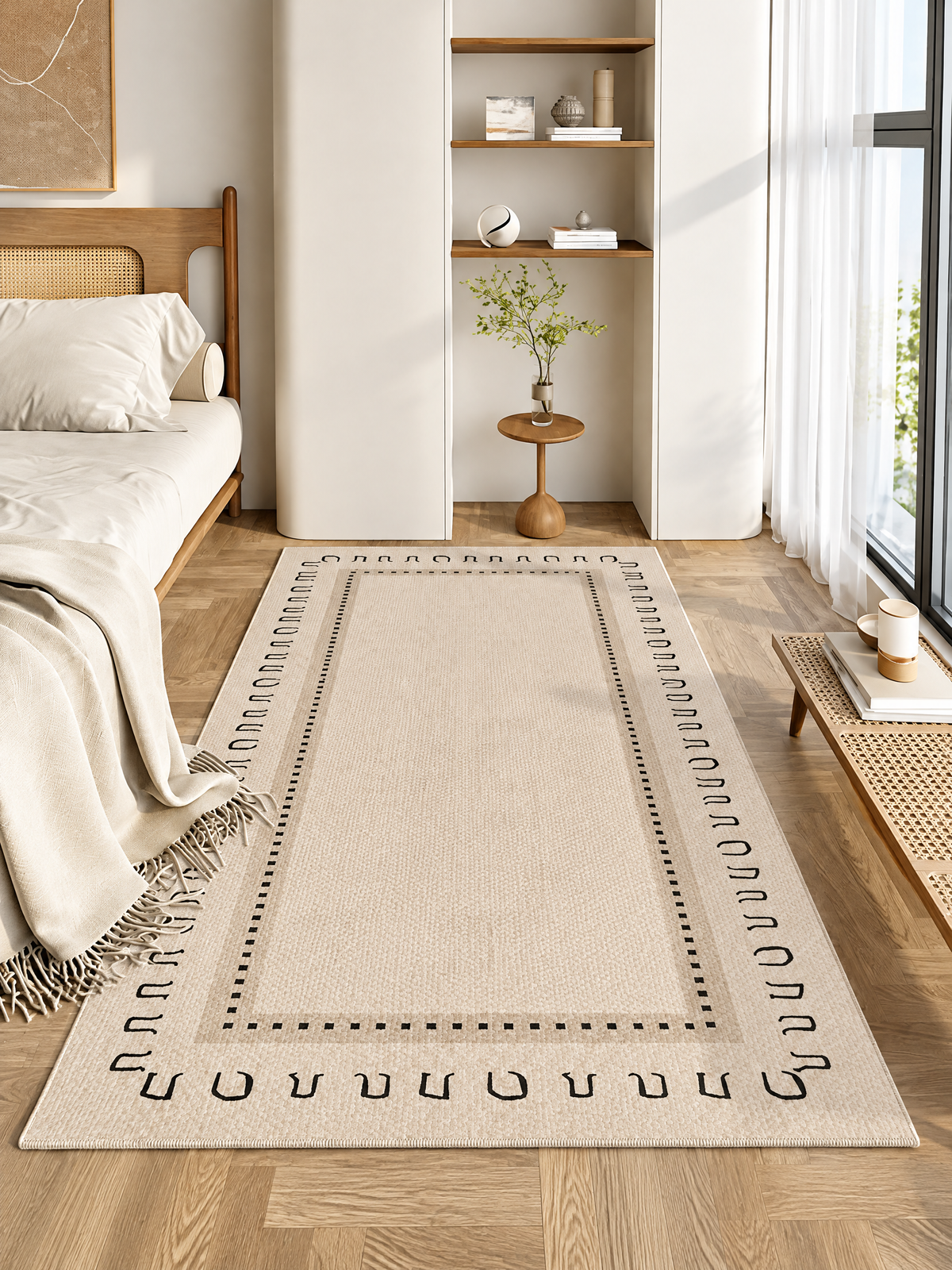 Zen Lines Neutral Loop Pile Bedside Rug, Japanese-Inspired Textured Accent Rug for Bedroom or Reading Nook