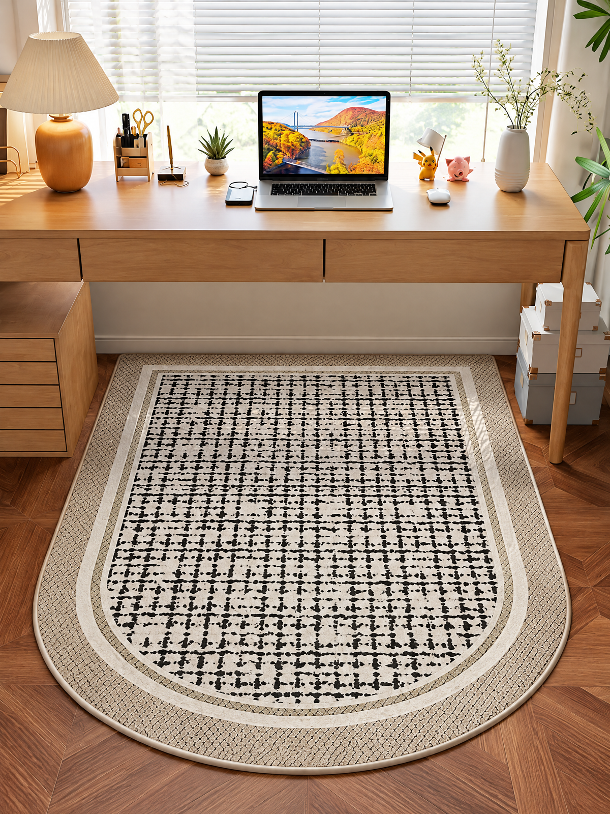 Studio Arch Geometric Loop Pile Office Rug, Beige and Black Rounded-End Accent Rug for Desk or Reading Nook