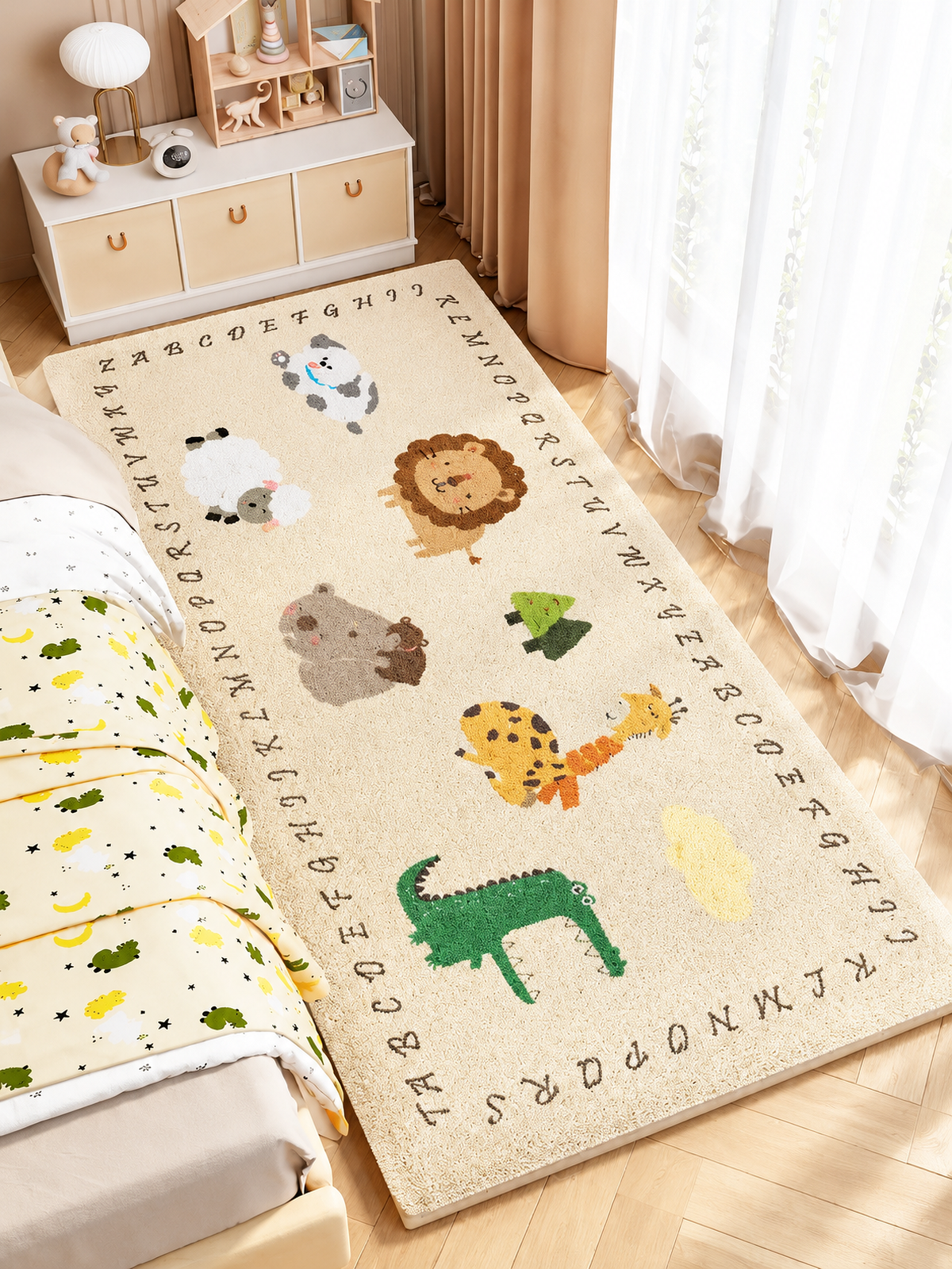 Animal Parade Rectangular Wool Kids Rug, Colorful Animal and Alphabet Area Rug for Bedroom or Playroom